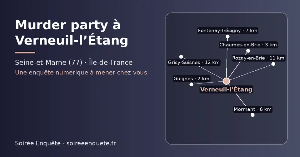 Carte schématique : Verneuil-l’Étang et les communes voisines présentées sur ce site (Guignes, Chaumes-en-Brie, Mormant, Fontenay-Trésigny, Rozay-en-Brie, Grisy-Suisnes)