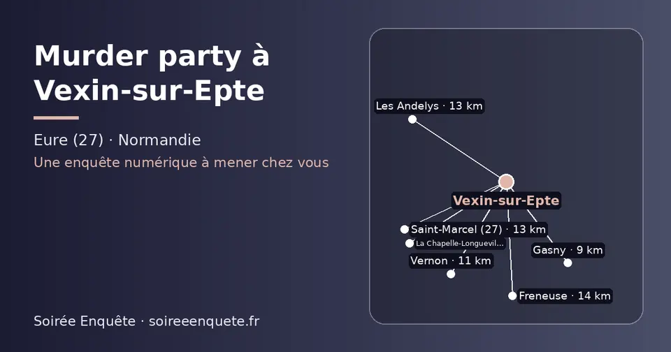 Carte schématique : Vexin-sur-Epte et les communes voisines présentées sur ce site (Gasny, Vernon, Les Andelys, Saint-Marcel (27), La Chapelle-Longueville, Freneuse)