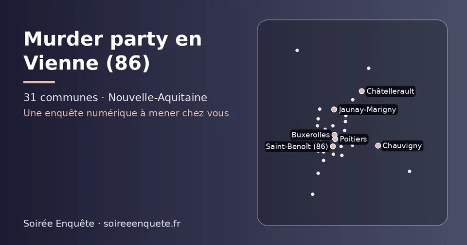 Carte schématique des 31 communes de la Vienne présentées sur ce site