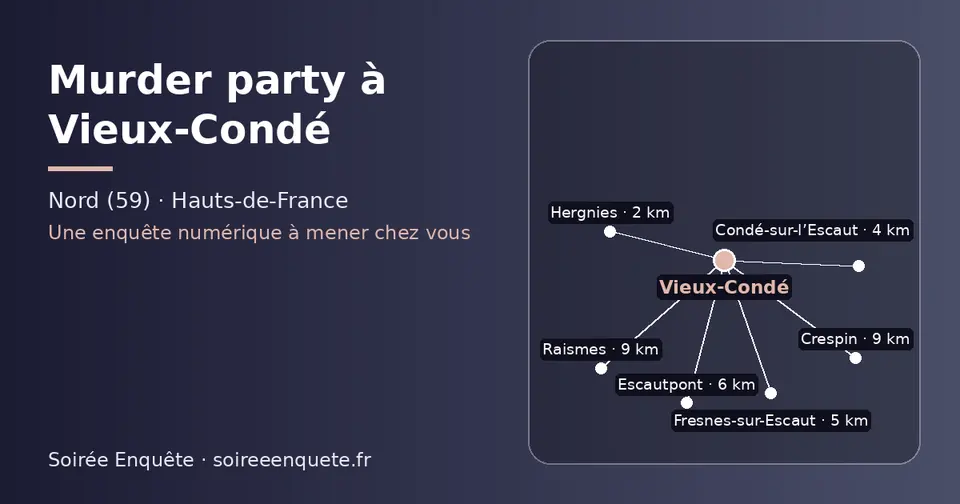 Carte schématique : Vieux-Condé et les communes voisines présentées sur ce site (Hergnies, Condé-sur-l’Escaut, Fresnes-sur-Escaut, Escautpont, Raismes, Crespin)