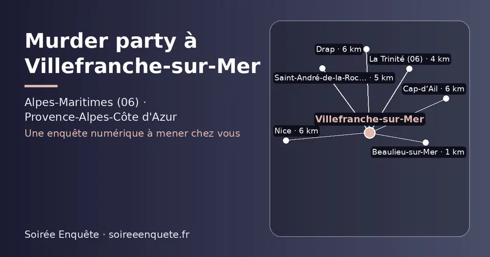 Carte schématique : Villefranche-sur-Mer et les communes voisines présentées sur ce site (Beaulieu-sur-Mer, La Trinité (06), Saint-André-de-la-Roche, Drap, Nice, Cap-d’Ail)