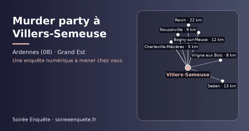 Carte schématique : Villers-Semeuse et les communes voisines présentées sur ce site (Charleville-Mézières, Vrigne aux Bois, Nouzonville, Bogny-sur-Meuse, Sedan, Revin)