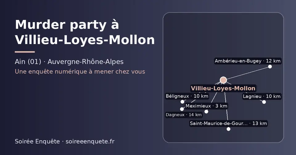 Carte schématique : Villieu-Loyes-Mollon et les communes voisines présentées sur ce site (Meximieux, Béligneux, Lagnieu, Ambérieu-en-Bugey, Saint-Maurice-de-Gourdans, Dagneux)