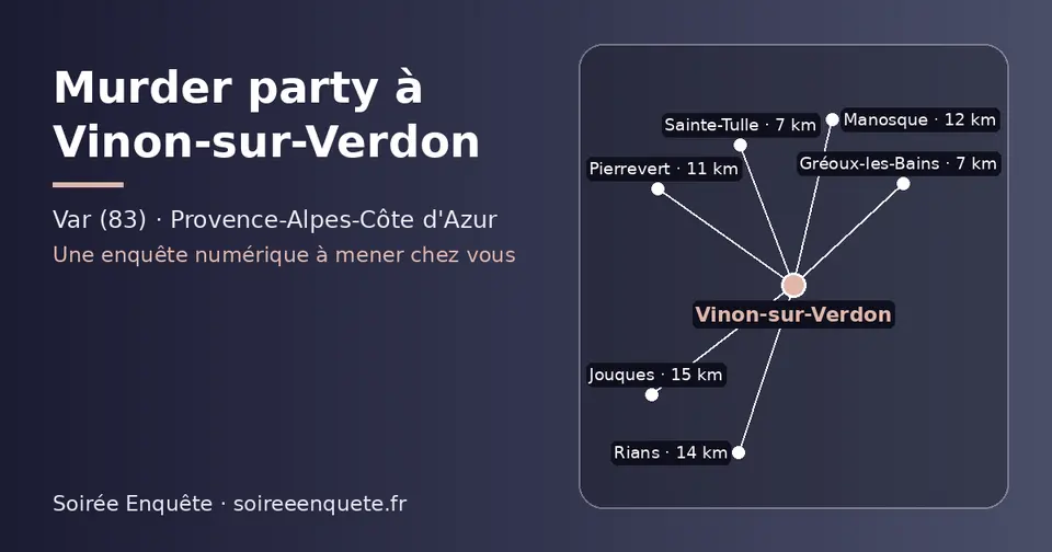 Carte schématique : Vinon-sur-Verdon et les communes voisines présentées sur ce site (Gréoux-les-Bains, Sainte-Tulle, Pierrevert, Manosque, Rians, Jouques)