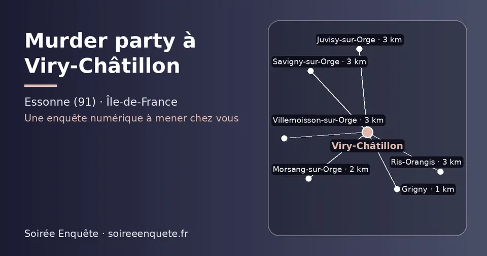 Carte schématique : Viry-Châtillon et les communes voisines présentées sur ce site (Grigny, Morsang-sur-Orge, Juvisy-sur-Orge, Savigny-sur-Orge, Ris-Orangis, Villemoisson-sur-Orge)