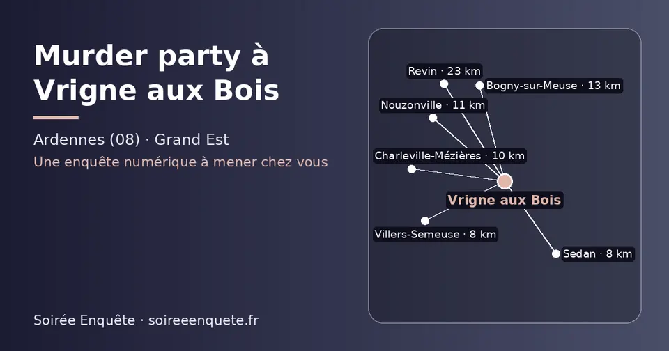 Carte schématique : Vrigne aux Bois et les communes voisines présentées sur ce site (Sedan, Villers-Semeuse, Charleville-Mézières, Nouzonville, Bogny-sur-Meuse, Revin)