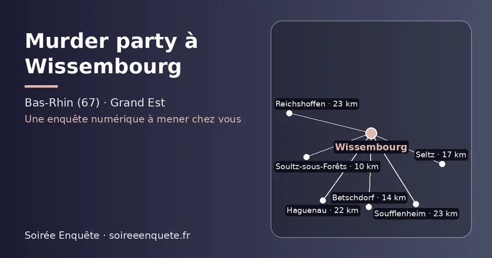 Carte schématique : Wissembourg et les communes voisines présentées sur ce site (Soultz-sous-Forêts, Betschdorf, Seltz, Haguenau, Reichshoffen, Soufflenheim)