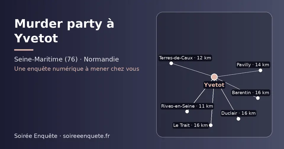 Carte schématique : Yvetot et les communes voisines présentées sur ce site (Rives-en-Seine, Terres-de-Caux, Pavilly, Le Trait, Barentin, Duclair)